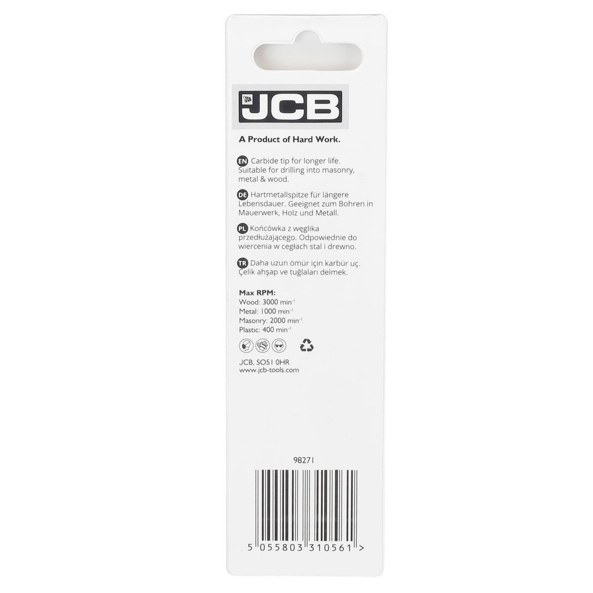 Unwrap excellence with the JCB Multi-Purpose Drill Bit packaging. A testament to quality, the package showcases the drill bit's key features – from its durable carbon steel construction to the impressive carbide tip. The sleek design reflects JCB's commitment to performance and reliability. Invest in precision and durability, neatly packaged for your convenience – the ultimate tool for your drilling needs.